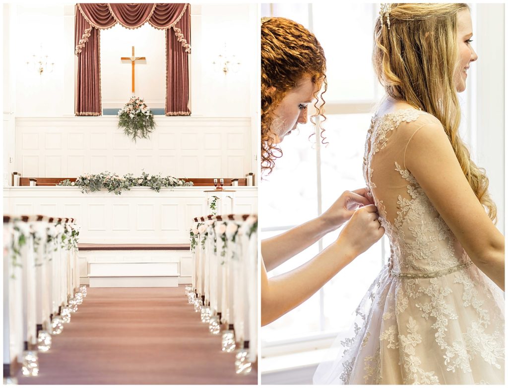 Beautiful wedding chapel and bride getting ready with sister